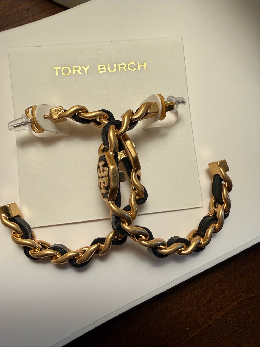 Tory Burch Gold and Black Chain Earrings with Logo Charm